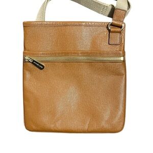 Michael Kors Brown Leather Messenger Crossbody Bag with Tan Canvas Strap